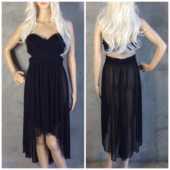 🌺 STRAPLESS DRESS HILO SHEER BLING PADDED MIDI HEART TOP HIGH LOW PETITE SMALL - Picture 3 of 16